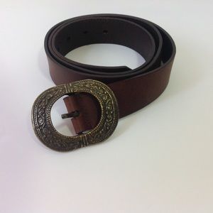 Vintage Brown Leather Belt Brass Ornate Buckle